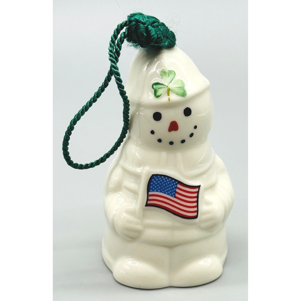 Belleek Fireman Snowman Bell Ornament Irish Shamrock American Flag 32634‎